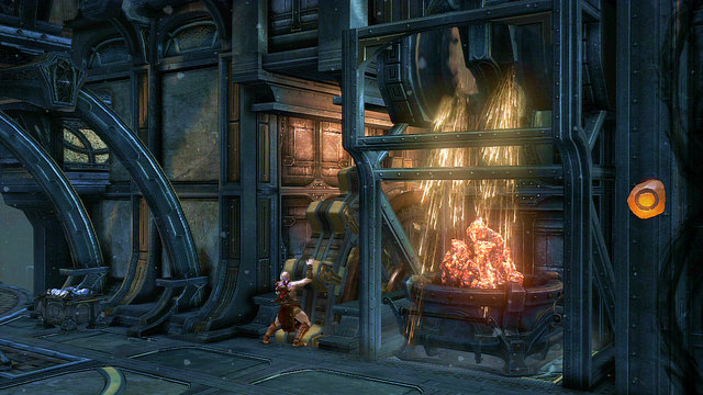 Go through the gate, grab a platform with coal and move it to the niche where the sparks were - Lighting the Furnace - Chapter 23: The Furnace - God of War: Ascension - Game Guide and Walkthrough