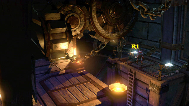 Being under the cellar, open two white chests and go left - Walkthrough - Chapter 26: Eyes of Apollo - God of War: Ascension - Game Guide and Walkthrough