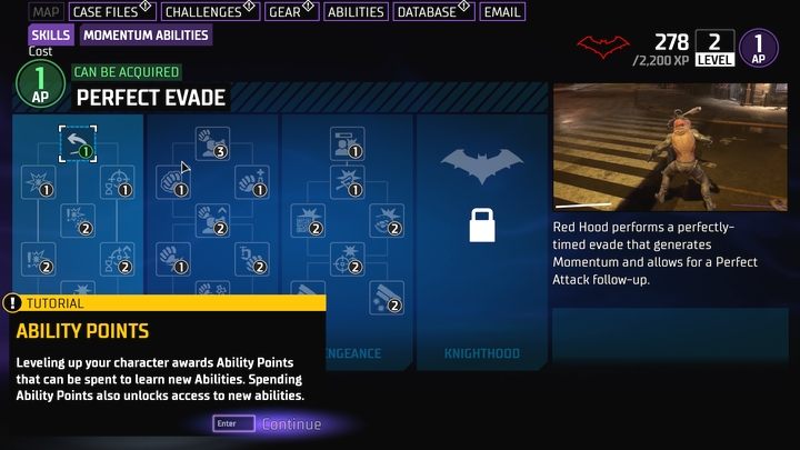Starting the second mission unlocks new options in the menu - Abilities, Case Files, and Challenges tabs - Gotham Knights: The Langstrom Drive - walkthrough - Chpater 1 - Gotham Knights Guide, Walkthrough