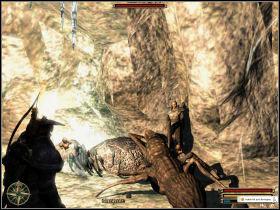 When the Nordmarian brings you to the camp, run into the cave and kill the minecrawler (before the beast kill a prospector) - Hammer Clan - Nordmar - Gothic 3 - Game Guide and Walkthrough
