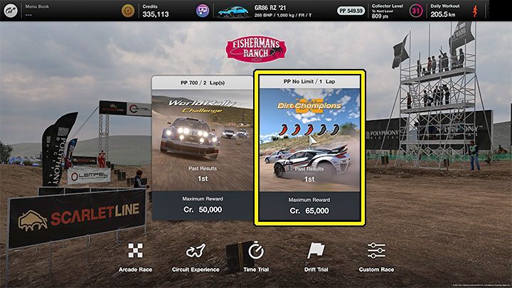 This technique requires you to play through the Dirt Champions race pictured above - Gran Turismo 7: Grinding and earning credits - Fishermans Ranch - Earning credits - Gran Turismo 7 Guide