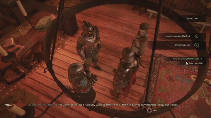 Go back to New Serene and talk to governor Manfred - GreedFall: Contraband - walkthrough - The Shadows of the Guard - GreedFall Guide