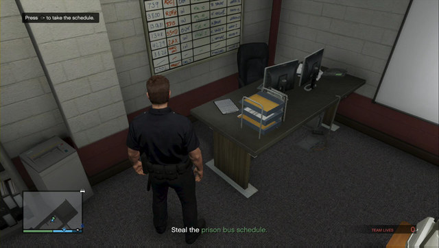 The schedule is on the desk in the corner - you only need to pick it up and leave, without being seen - GTA Online Heists: Heist 2, Prison Break - Heists (DLC) - GTA Online Guide