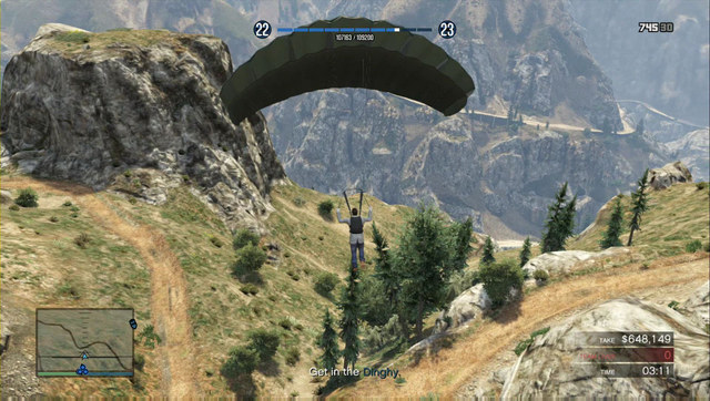 Release the parachute immediately - otherwise, you land too early and you will have to run towards the pontoon - GTA Online Heists: Heist 5, Pacific Standard - Heists (DLC) - GTA Online Guide