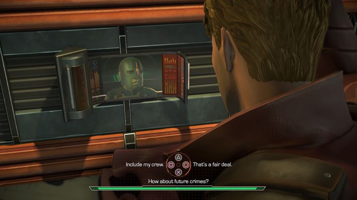 The game begins onboard the Guardians ship - Marvels Guardians of the Galaxy: Prologue - Guardians ship - Marvels Guardians of the Galaxy: Episode 1 - Tangled Up in Blue - Marvels Guardians of the Galaxy: The Telltale Series Game Guide