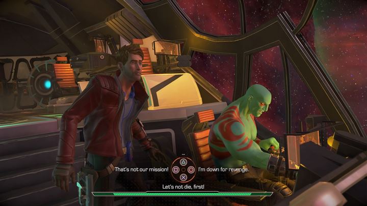 Talk with Drax who will be visibly agitated - Marvels Guardians of the Galaxy: Prologue - Guardians ship - Marvels Guardians of the Galaxy: Episode 1 - Tangled Up in Blue - Marvels Guardians of the Galaxy: The Telltale Series Game Guide