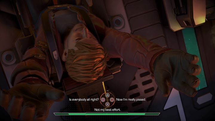 Once the ship is stable, talk to the rest of the team, who are quite disgruntled following the rough landing - Marvels Guardians of the Galaxy: An alien planet - Marvels Guardians of the Galaxy: Episode 1 - Tangled Up in Blue - Marvels Guardians of the Galaxy: The Telltale Series Game Guide