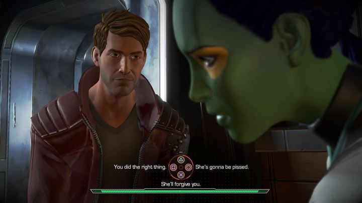 Finally, Peter will approach Gamora, who has been busy talking to a shady figure - Marvels Guardians of the Galaxy: Knowhere - celebrating victory - Marvels Guardians of the Galaxy: Episode 1 - Tangled Up in Blue - Marvels Guardians of the Galaxy: The Telltale Series Game Guide