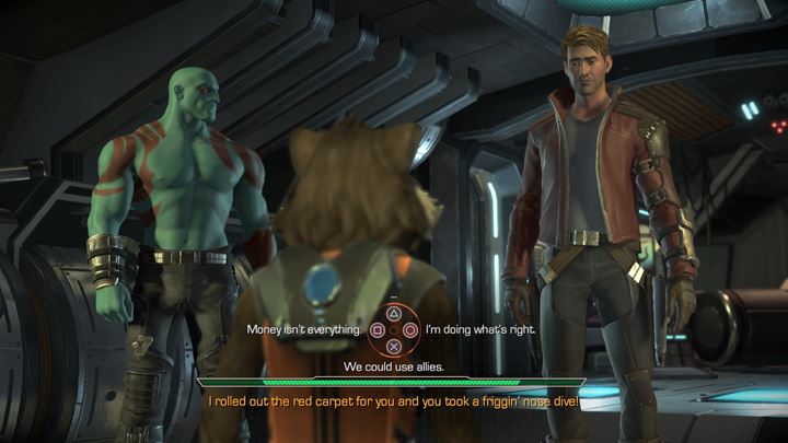 Depending on your previous choice (The Collector vs Nova Corps), youll be subjected to an argument with either Ratchet or Gamora - Marvels Guardians of the Galaxy: Back on the ship - Marvels Guardians of the Galaxy: Episode 1 - Tangled Up in Blue - Marvels Guardians of the Galaxy: The Telltale Series Game Guide