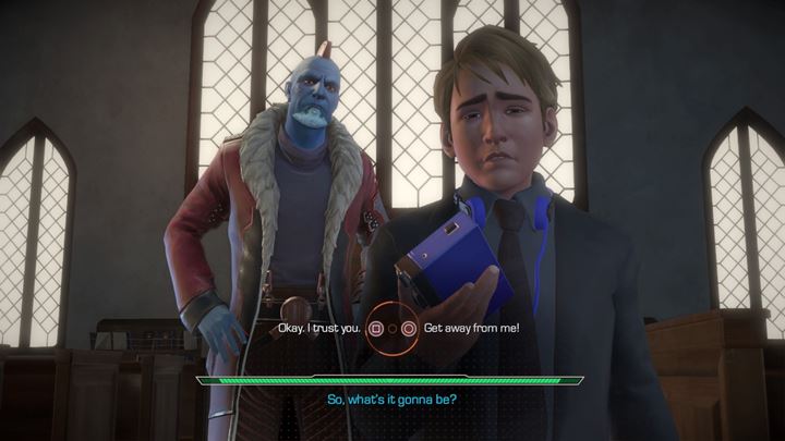 The flashback takes us to a church in which Peter mourns his deceased mother - Marvels Guardians of the Galaxy: Flashback - church scene - Marvels Guardians of the Galaxy: Episode 1 - Tangled Up in Blue - Marvels Guardians of the Galaxy: The Telltale Series Game Guide