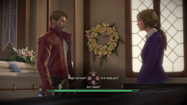 The flashback will end, but adult Peter wont be able to leave the church - Marvels Guardians of the Galaxy: Flashback - church scene - Marvels Guardians of the Galaxy: Episode 1 - Tangled Up in Blue - Marvels Guardians of the Galaxy: The Telltale Series Game Guide