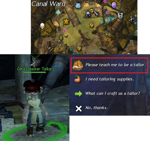 Typical location where you can find all masters, the master and the typical dialogue during choosing the profession. - Production, experience - Crafting - Guild Wars 2 - Game Guide and Walkthrough