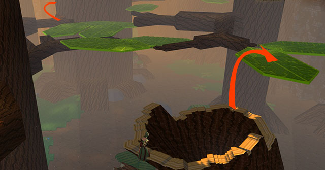 Series of jumps from slanted tree trunk leading to the chest - Checkpoint 1-2 - World 1 - Zone 2 (Dark Woods) - Guild Wars 2: Super Adventure Box - Game Guide and Walkthrough