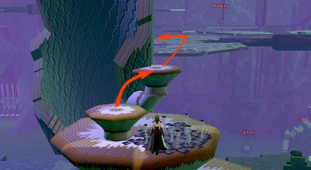 From the top of slanted trunk jump on the leaves and collect Baubles - Checkpoint 2-3 - World 1 - Zone 3 (Kingdom of Fungus) - Guild Wars 2: Super Adventure Box - Game Guide and Walkthrough
