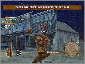 After killing all opponents, exit the building and jump onto the horse standing in front of the bar - The Red Hand Gang - Main Missions - GUN - Game Guide and Walkthrough