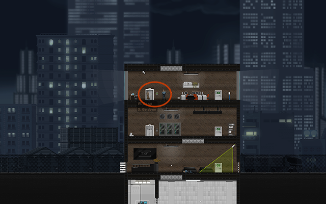 Now you're very close to the Circuit Box but notice, that the last Enforcer is facing its way - #7 - Gessler: Industrial Esponage - Walkthrough - Gunpoint - Game Guide and Walkthrough