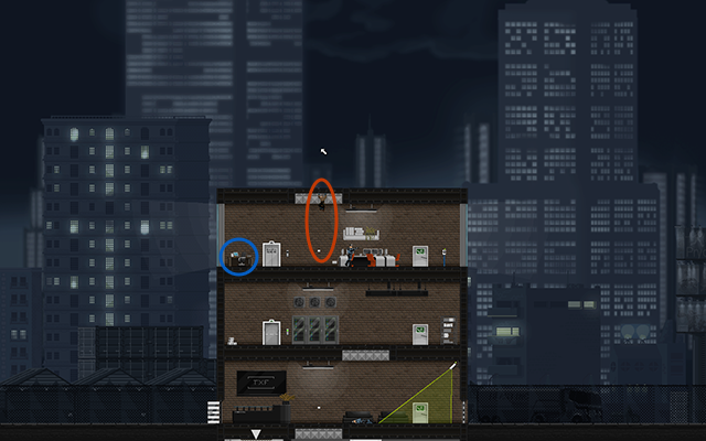 Now go to the light switch just behind the Enforcer - #7 - Gessler: Industrial Esponage - Walkthrough - Gunpoint - Game Guide and Walkthrough