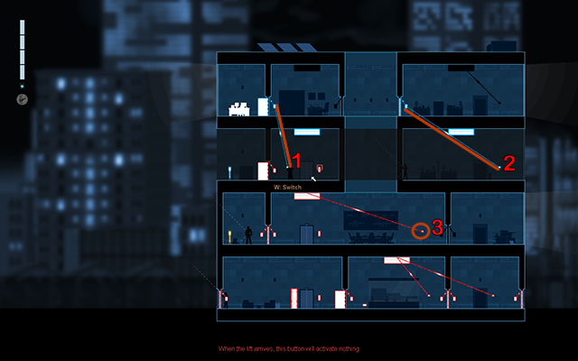 Now connect the light switch (1) with the activation panel of the door on the floor above and do the same with the light switch (2) by connecting it to the door on the right - #10 - Collins: the recording - Walkthrough - Gunpoint - Game Guide and Walkthrough