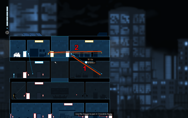 Connect the light switch with the activation panel of the blue door (1) and the second light switch with the other activation panel of the yellow door (2) and press them both - #10 - Collins: the recording - Walkthrough - Gunpoint - Game Guide and Walkthrough