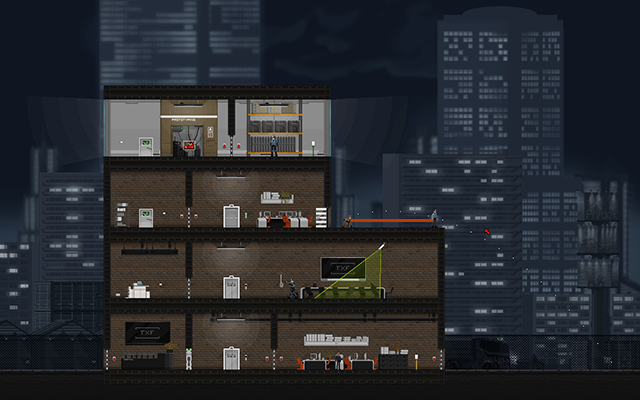 Start by climbing up the roof of the floor and jump down on the right, make sure you'll land behind the Normal Guard that is standing there - #11 - Gessler: Acquisitons - Walkthrough - Gunpoint - Game Guide and Walkthrough