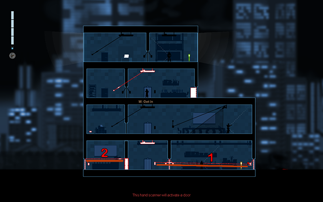 Before you go all the way down, get in the Crosslink Mode and connect the elevator panel with the activation panel of the door on the right (1) - #11 - Gessler: Acquisitons - Walkthrough - Gunpoint - Game Guide and Walkthrough