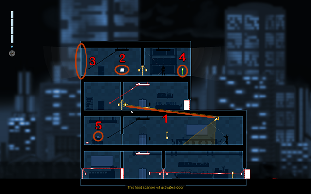 Get in the Crosslink Mode and connect the camera with the activation panel of the yellow door on the floor above (1) - #11 - Gessler: Acquisitons - Walkthrough - Gunpoint - Game Guide and Walkthrough