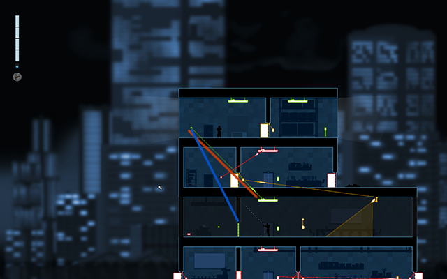 In Crosslink Mode connect the green light switch with the lamp located two floors below (marked with a green line on the picture above) and press it, and then the same light switch connect to the closed door on the same floor (marked with the blue line on the picture above) - #11 - Gessler: Acquisitons - Walkthrough - Gunpoint - Game Guide and Walkthrough