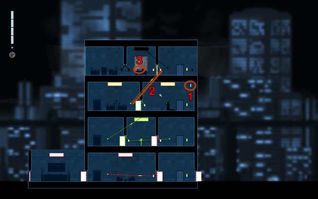 Jump on the wall on the right and climb up to the camera from which you have to take the tape (1) - #12 - Anonymous: The Collins Case - Walkthrough - Gunpoint - Game Guide and Walkthrough