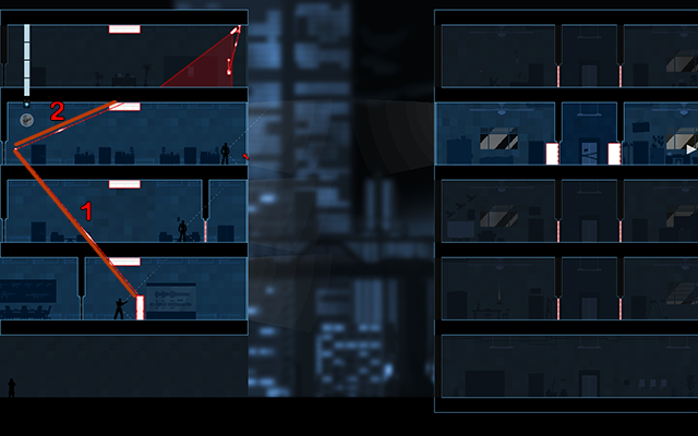 Now connect the same motion detection door with the light switch on the third floor (3), wait until the light goes off and then disconnect the light switch from the lamp (2), so the Enforcer won't be able to turn the light back on - #15 - Mayfield: The Suspect - Walkthrough - Gunpoint - Game Guide and Walkthrough