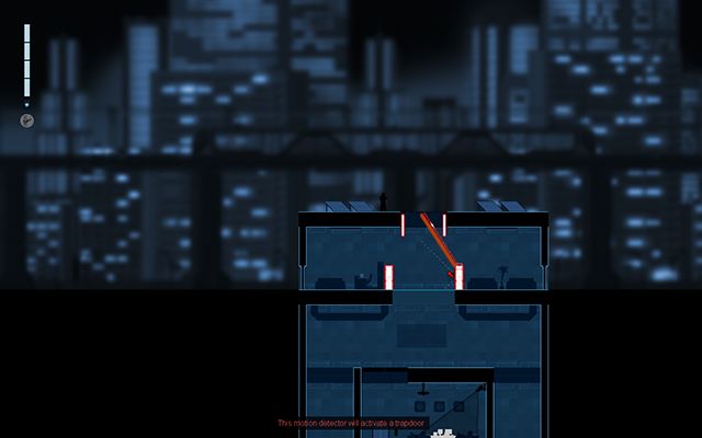 Jump on the roof of the building and connect one of the two motion detector doors with the flap above them - #16 - Mayfield: The Room - Walkthrough - Gunpoint - Game Guide and Walkthrough