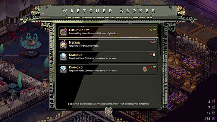 They can also be offered by the Wretched Broker in the House of Hades' Lounge - Hades: Charons Obol, Nectar and Darkness - Basics - Hades Guide