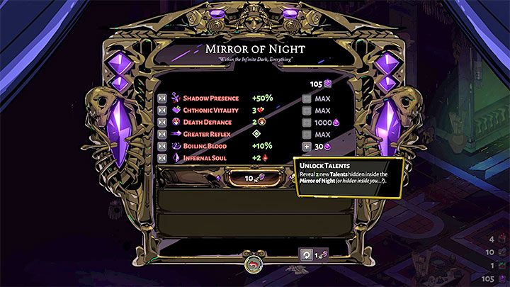 Keys can also be used to unlock new talents at the Mirror of Night in Zagreus' Bedroom - Hades: Charons Obol, Nectar and Darkness - Basics - Hades Guide