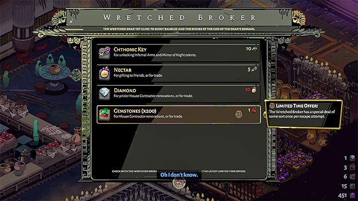 Gemstones can be bought from the Wretched Broker at the House of Hades' Lounge - Hades: Charons Obol, Nectar and Darkness - Basics - Hades Guide