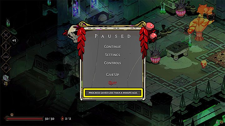 If you have to close the game, always navigate to the pause menu and read when the last save file was created - we marked an example of this type of message in the attached screenshot - Hades: Closing the game - do we lose progress? - FAQ - Hades Guide