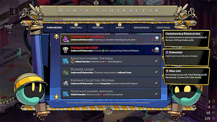 6) projects of the House Contractor - Each purchased project will remain permanent - Hades: Progress - what gets carried over? - FAQ - Hades Guide