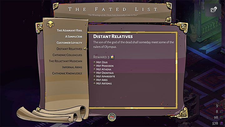 7) Fated List of Minor Prophecies - It's just a variety of challenges with very valuable prizes - Hades: Progress - what gets carried over? - FAQ - Hades Guide