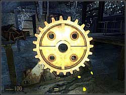 Take it to the lift mechanism and just put it on its place but before you do this, kill the barnacle above - This Vortal Coil p. IV - Walkthrough - Half-Life 2: Episode Two Game Guide & Walkthrough