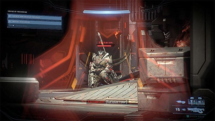 By default Escharum doesn't have a shield (this will change later - we've described it in more details later on), but despite that he's a very durable opponent and draining his red health bar is a lengthy process - Halo Infinite: House of Reckoning - walkthrough - Main missions - Halo Infinite Guide