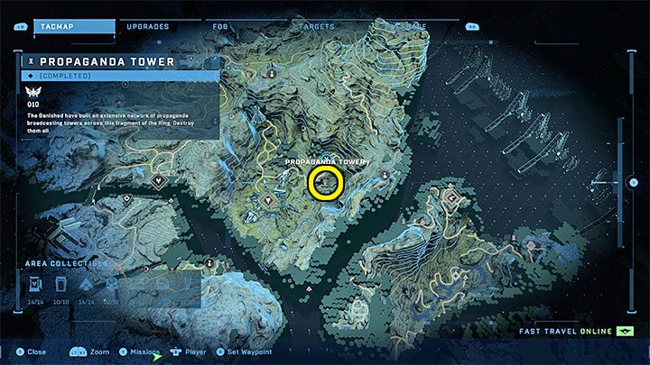 The tower is in the south-eastern part of the region, specifically in the area near the first Spire - Halo Infinite: Propaganda towers (Connections) - Connections - Halo Infinite Guide