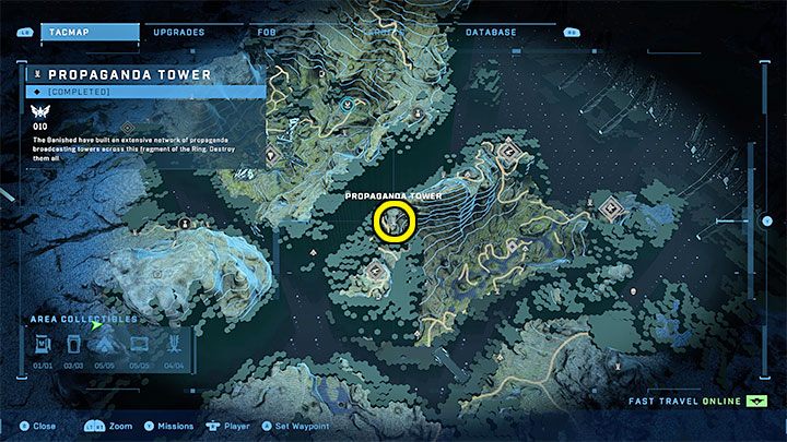 The tower is in the north-western part of the region - Halo Infinite: Propaganda towers (Graveyards) - Graveyards - Halo Infinite Guide
