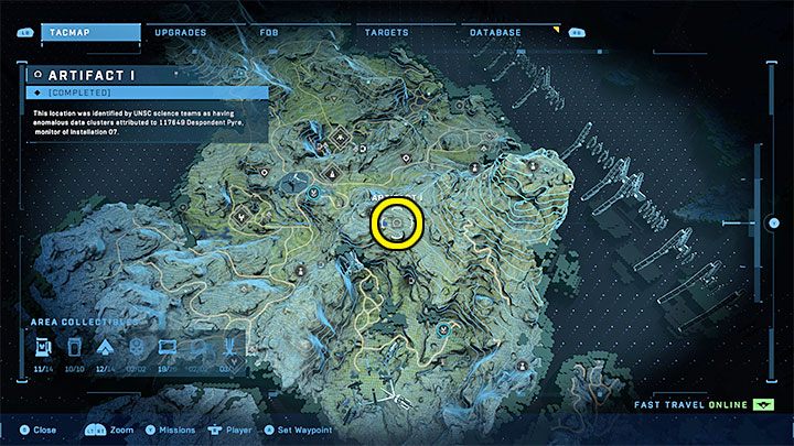 The first artifact is southeast of the FOB Charlie base - Halo Infinite: Forerunners artifacts - list of all - Other secrets - Halo Infinite Guide