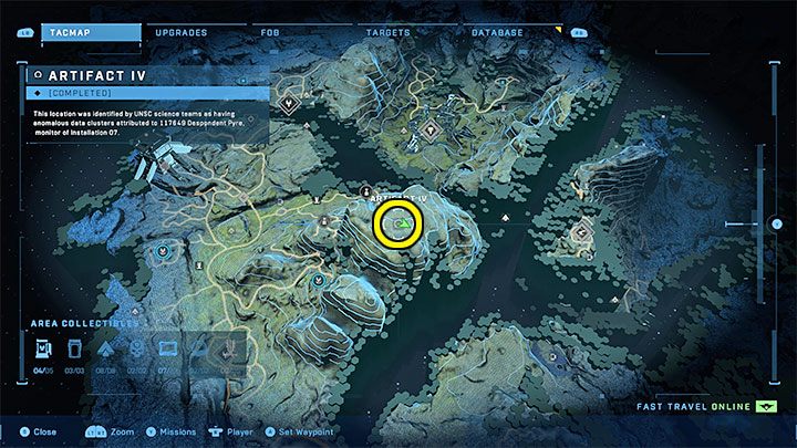 The fourth artifact is located on top of a mountain east of the FOB Golf base - Halo Infinite: Forerunners artifacts - list of all - Other secrets - Halo Infinite Guide