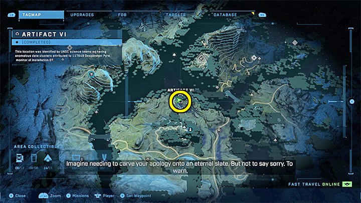 The sixth artifact is by the river northwest of the FOB Hotel base - Halo Infinite: Forerunners artifacts - list of all - Other secrets - Halo Infinite Guide