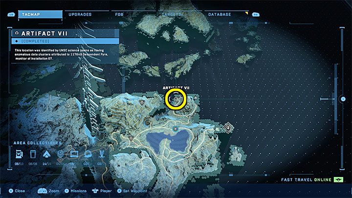 The last seventh artifact is north of the FOB November base - Halo Infinite: Forerunners artifacts - list of all - Other secrets - Halo Infinite Guide