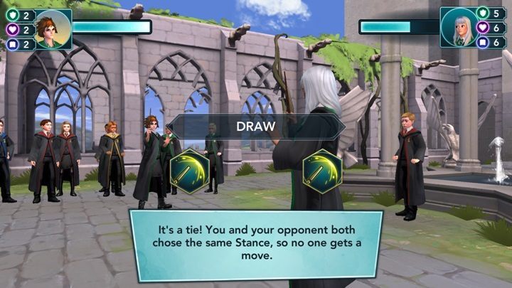 If both players use the same type of interaction and the same set of moves against each other, the turn will break even (Its a tie) - How to win a duel in Harry Potter The Hogwarts Mystery? - Basic tips - Harry Potter: The Hogwarts Mystery Game Guide