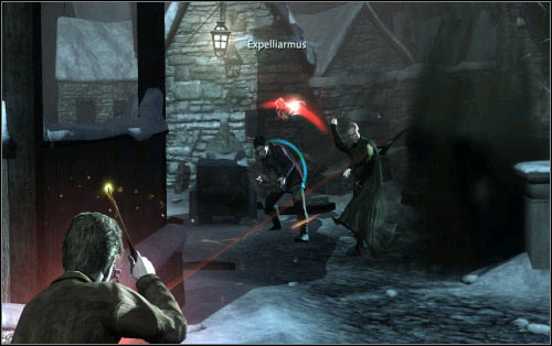 As you have probably guessed, the square you reached will soon be attacked by enemies - Walkthrough - The Streets of Hogsmeade - Harry Potter and the Deathly Hallows Part 2 - Game Guide and Walkthrough