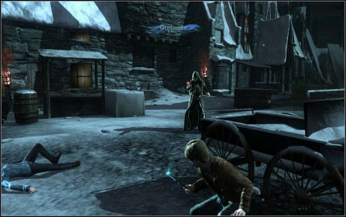 Behind the door (on the right there's one of the Collectibles) awaits you the last fight in Hogsmeade - Death Eaters will attack the market twice - Walkthrough - The Streets of Hogsmeade - Harry Potter and the Deathly Hallows Part 2 - Game Guide and Walkthrough