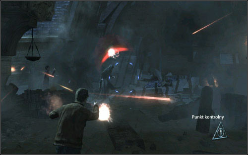 As you're getting closer to the destination, Death Eaters on the left will break through the wall and attack furiously - Walkthrough - The Battle of Hogwarts - Harry Potter and the Deathly Hallows Part 2 - Game Guide and Walkthrough