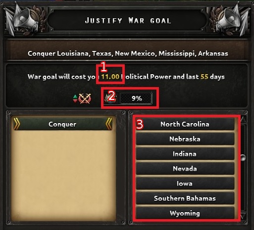 The above screenshot presents the window of war goal justification - Diplomatic actions - Diplomacy and research - Hearts of Iron IV Game Guide
