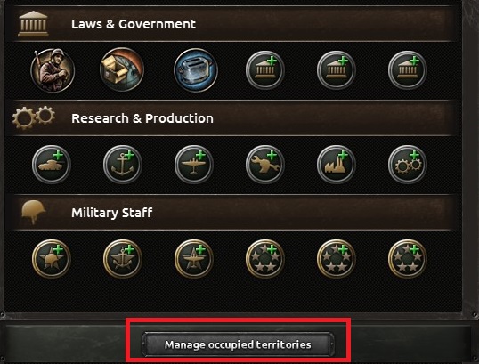 On the above picture you can see the further part of the panel which relates to political decisions - Game interface - Basics - Hearts of Iron IV Game Guide